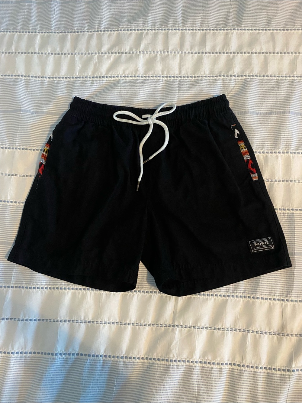 Black Men's Drawstring Shorts with Side Embroidery